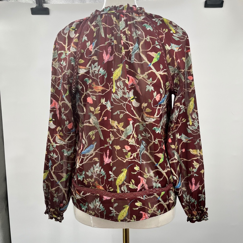 Point Sur J.Crew Blouse Womens XS Burgundy Bird Print Metallic Lace - Picture 3 of 11
